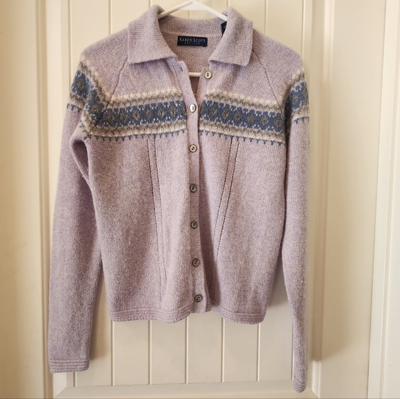 Karen Scott Sweaters - Karen Scott Button-Up Sweater/Cardigan, 100% Wool, Lilac & light blue, Size: PS